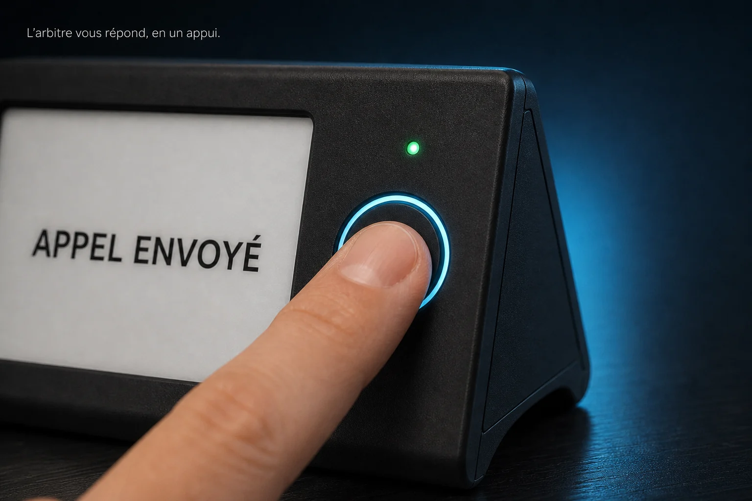 Gros plan sur le bouton d’appel arbitre allumé